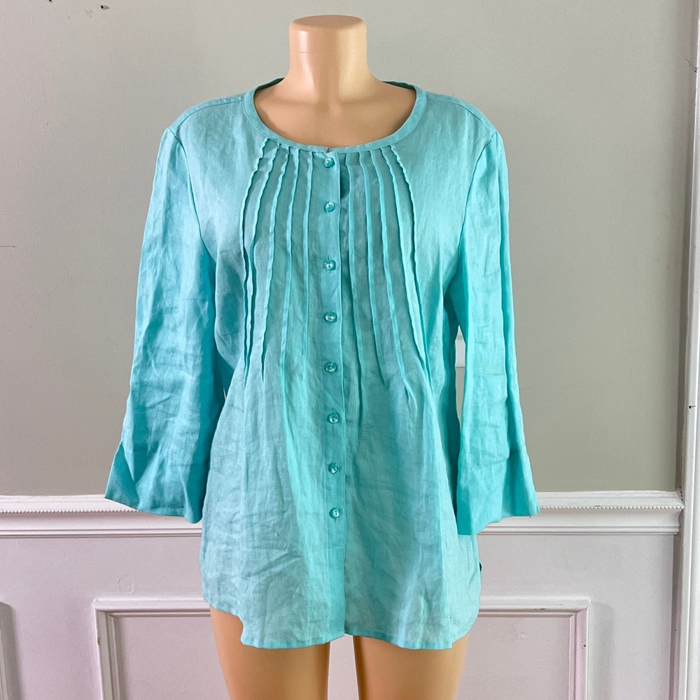 Choices‎ Linen Top L Women Pintuck 3/4 Sleeve Aqua Blue Coastal